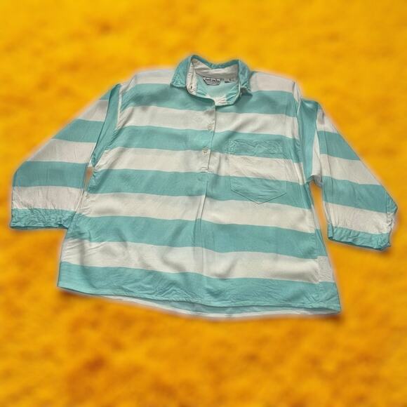 Vintage Details Blue & White Striped Rayon Top Size Small Long Sleeve 3/4 Button - Picture 1 of 5